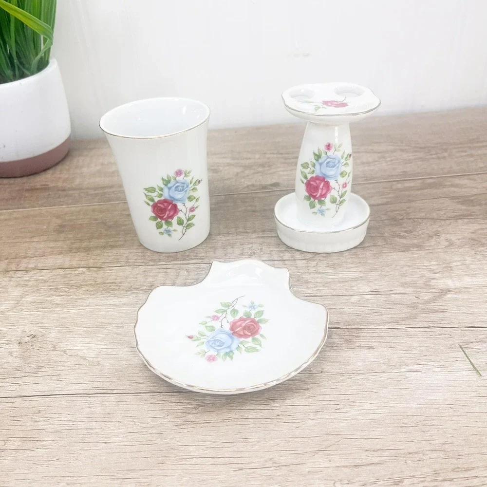 Vintage Floral Ceramic Bathroom Set: Pink Rose Soap Dish, Cup, & TB Holder